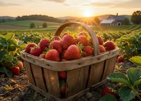Fresh ripe strawberries in wicker basket at sunrise on organic farm field with barn in background. Harvest season agricultural produce concept.