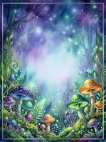 Enchanted forest clearing with glowing mushrooms, magical plants, and starlit sky creating a mystical woodland scene for fantasy and children's book illustrations.