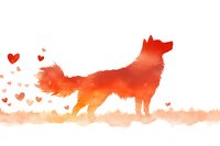 Silhouette of wolf in orange watercolor with floating heart shapes against white background, artistic nature illustration for valentines and romantic designs.