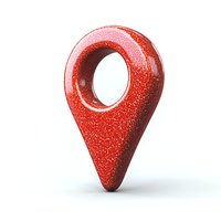 Red glittery location pin marker on white background, map pointer symbol with sparkly texture and soft shadow for navigation and GPS apps.