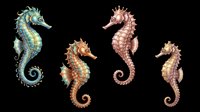 Four detailed seahorses in varied colors isolated on transparent background, ready for stickers, t-shirt design, print on demand, sublimation, and clipart use.