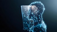 Futuristic digital transformation concept showing glowing human silhouette emerging from smartphone screen with particle effect in blue tones. Modern technology background.