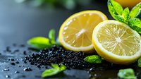 Fresh lemon halves with black caviar and green basil leaves on dark background with water drops, luxury gourmet food styling for restaurant menu.