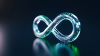 Glowing infinity symbol with green and blue light effects on dark background, floating in space with reflective surface and ethereal atmosphere.