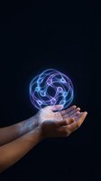 Hands holding glowing blue purple energy sphere with swirling light patterns on dark background for technology and innovation concepts.