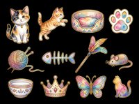 Cute cat and pet supplies collection isolated on transparent background, ready for t-shirt designs, stickers, clipart, print-on-demand products and sublimation projects.