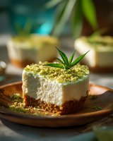 Creamy cannabis cheesecake with marijuana leaf garnish on wooden plate, showcasing layered dessert with crumbly crust and green topping.