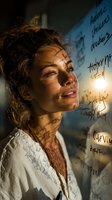 Young woman scientist researcher looking thoughtfully at laboratory whiteboard with formulas and equations in warm golden light atmosphere.