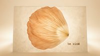 Dried flower petal on aged parchment card with be kind typewriter text, warm beige tones, minimalist botanical design for print and stationery.