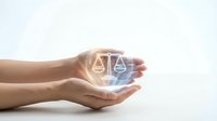 Hand holding glowing neon scales of justice symbol, representing law, legal services, compliance, and fair judgment for business and corporate applications.