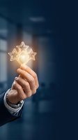 Businessman hand holding glowing star light bulb against blurred office background, representing innovation, success, and creative business ideas for corporate growth.