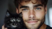 Young handsome man with beard holding adorable black kitten with bright eyes, pet adoption and companionship concept for social media and lifestyle content.