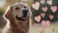 Golden retriever with tongue out smiling at camera with pink heart bokeh background, suitable for pet love, Valentine's Day, and greeting card designs.