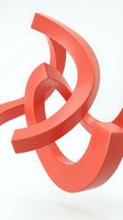 Abstract coral red curved shapes intertwining in modern geometric composition isolated on white background for contemporary design projects.