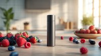 Black thermos flask surrounded by fresh berries on wooden kitchen counter with bright natural lighting and blurred modern kitchen background.