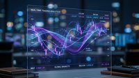 Futuristic holographic trading analytics dashboard displaying glowing purple and blue financial charts and data visualization for modern investment technology.