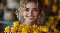 Young Caucasian woman with blonde wavy hair and bright smile holding yellow tulips bouquet against blurred background, spring mood portrait with natural lighting.