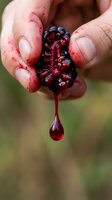 Ripe blackberry held in male hands with juice dripping, showcasing fresh fruit harvesting and natural food production for culinary and agricultural content.