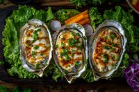 Baked oysters with cheese and herbs served on fresh lettuce leaves, garnished with carrots and radishes on rustic wooden background. Seafood appetizer.