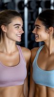 Two happy young women in sports bras smiling at each other in gym, fitness friendship and workout motivation concept for healthy lifestyle advertising.
