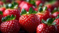 Fresh ripe strawberries with green leaves in macro shot showing detailed texture and natural patterns. Vibrant red berries with seeds and glossy surface.