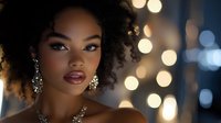 Young African American woman with natural curly hair and glamorous makeup wearing sparkling jewelry against blurred bokeh lights background in evening atmosphere.