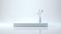 Minimalist white ceramic vase with dried branches on clean platform against neutral background for modern interior design and home decor concepts.