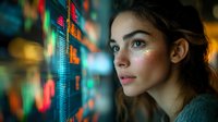 Young woman with glitter makeup looking at financial data visualization display with stock market charts and graphs in neon lights. Modern trading concept.