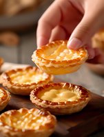 Traditional Portuguese egg tarts with crispy golden pastry and creamy custard filling on wooden board, hand picking up fresh baked pastry.