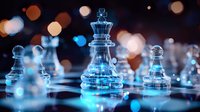 Glowing glass chess pieces on board with blue light effects and bokeh background, strategic game concept with focus on king piece and pawns.