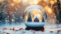 Magical snow globe with winter cabin and pine trees against golden bokeh background, surrounded by autumn leaves on snowy surface, seasonal holiday decoration.