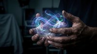 Elderly hands cupping glowing energy waves with magical light effects in dark atmospheric setting for spiritual and mystical concepts.