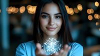Young Hispanic woman holding glowing digital sphere with network connections, showcasing future technology concept against blurred bokeh background in blue tones.
