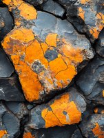 Weathered stone surface with vibrant orange lichen growth creating natural abstract patterns on dark gray rock formations for outdoor design projects.