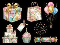 Birthday clipart set with gift boxes, balloons, cupcake, confetti, and party elements in pastel watercolor style, isolated on transparent background, ready for stickers and print on demand.