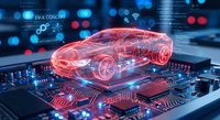 Futuristic red holographic car projection on computer circuit board with glowing blue lights and digital interface elements for automotive technology concepts.