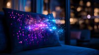Glowing digital particles emerging from blue cushion on sofa creating magical light effect with pink and blue sparkles in dark room with bokeh background.