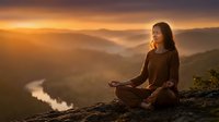 Young Asian woman meditating in lotus pose on mountain cliff at golden sunrise with valley river below for wellness mindfulness and spiritual practice.