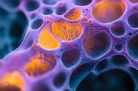 Microscopic view of cellular structure with purple mesh-like tissue surrounding orange circular chambers, useful for medical or scientific publications.