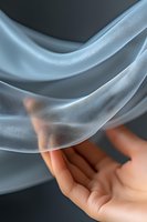 Delicate sheer fabric floating above an outstretched hand creates ethereal movement and gentle curves against dark background, capturing light and shadow interplay.