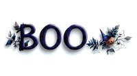 Spooky dark blue BOO text decorated with watercolor gothic flowers, eyeball, and leaves on white background for Halloween design projects.