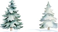 Snow-covered evergreen pine trees in watercolor style on white background, winter forest elements for seasonal greeting cards and holiday designs.