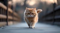 Orange tabby kitten walking on wooden deck with soft bokeh background during golden hour lighting creating warm atmospheric pet portrait for animal lovers.