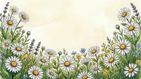 Watercolor wildflower meadow border with daisies, lavender, and yellow blooms on a soft cream background with copy space.