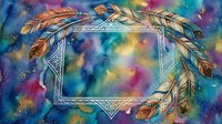 Ornate feather frame with geometric border on vibrant cosmic watercolor background for bohemian design projects and spiritual artwork.
