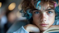 Young woman with vibrant blue dyed curly hair, freckles and intense blue eyes reading book in soft natural lighting, creating dreamy atmospheric portrait.