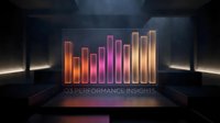 Futuristic holographic bar chart with glowing neon colors displaying performance data analytics in dark tech environment for business presentations.