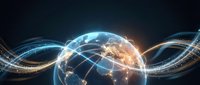 Global network connections with glowing data streams flowing around Earth against dark space background for technology and communication concepts.