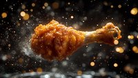 Crispy fried chicken leg with flour splash and golden bokeh lights on dark background, dramatic food photography capturing motion and texture.