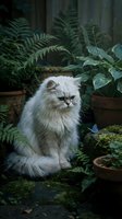 Fluffy white long-haired cat with gray markings sitting among lush green ferns and potted plants in a moody garden setting with butterfly nearby.